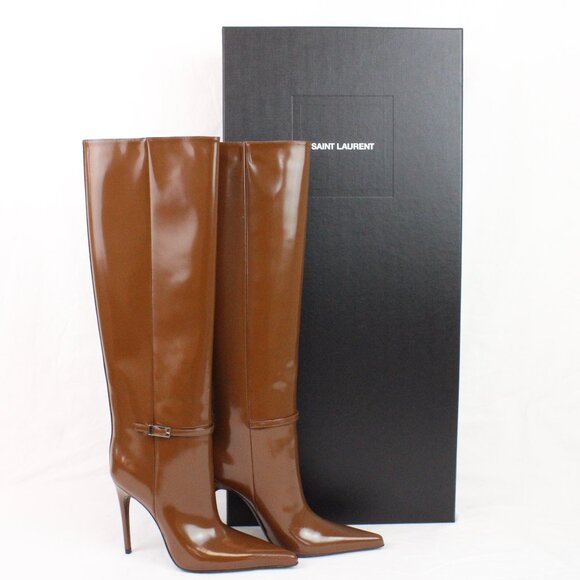 NIB Saint Laurent Vendome Boots in Soil Brown Marilyn Glazed Leather EU 36.5 - Picture 1 of 16